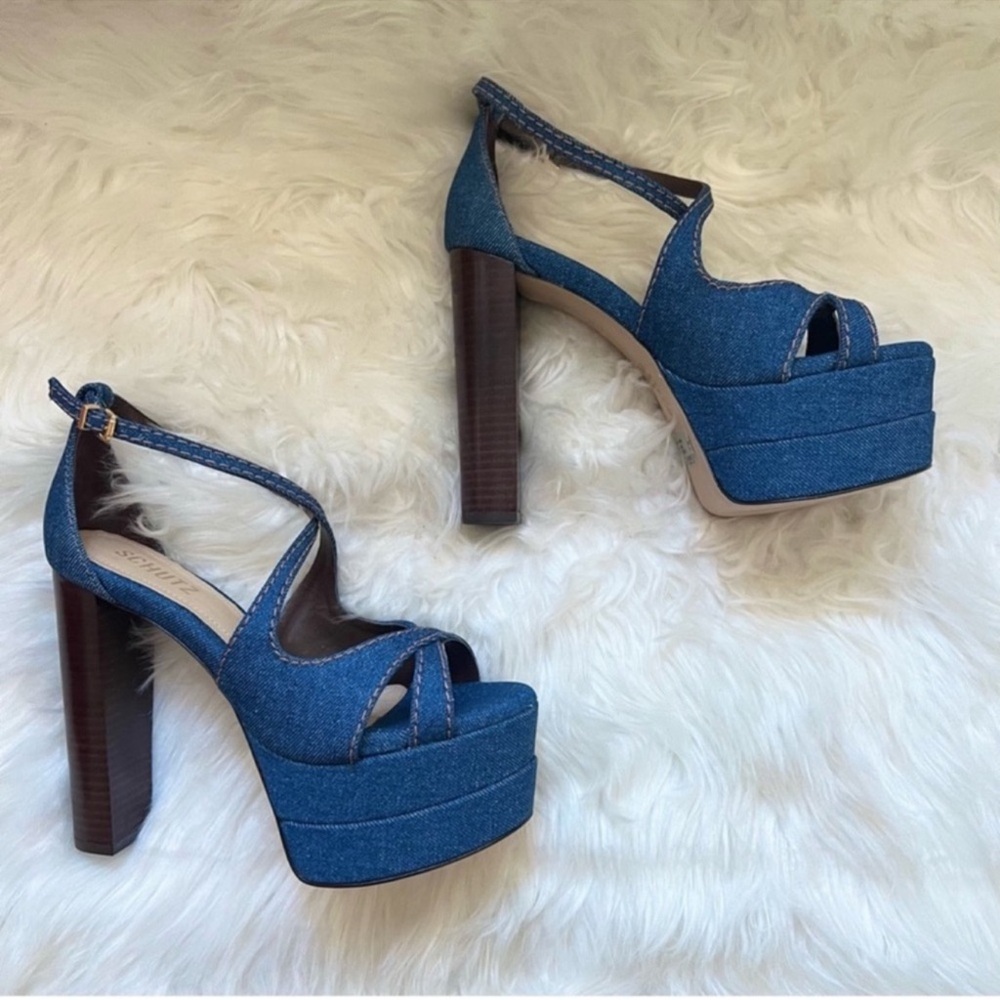 New! Schutz Latifah Denim Platform Block Heel Sandals in Blue - Picture 6 of 12